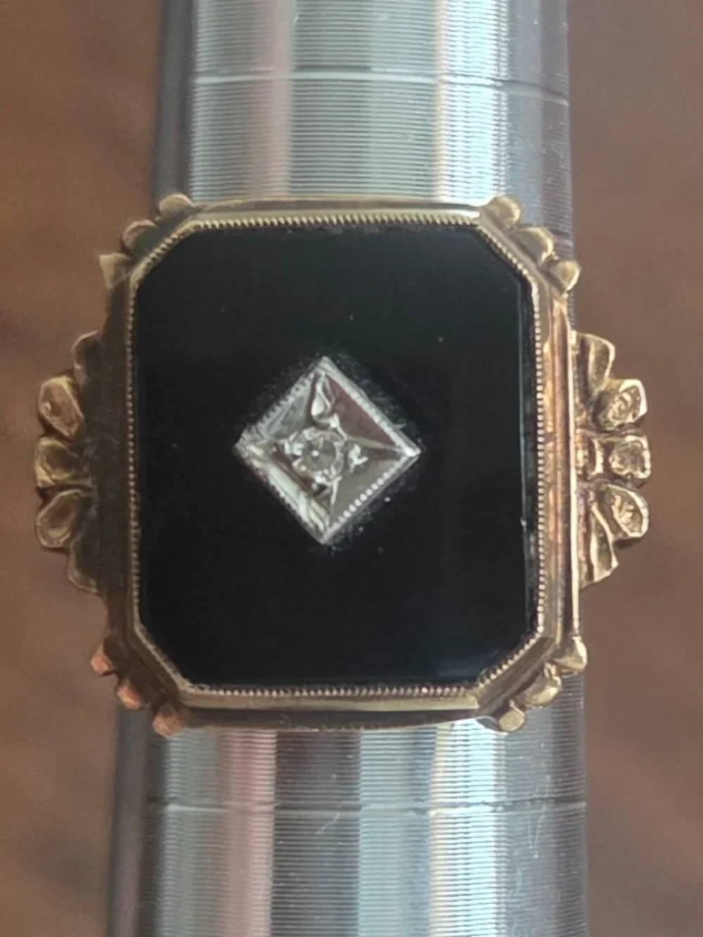 Vintage/Antique Art Deco 10k Yellow Gold Black Onyx & Diamond Ring - Sz 6 - Picture 1 of 7